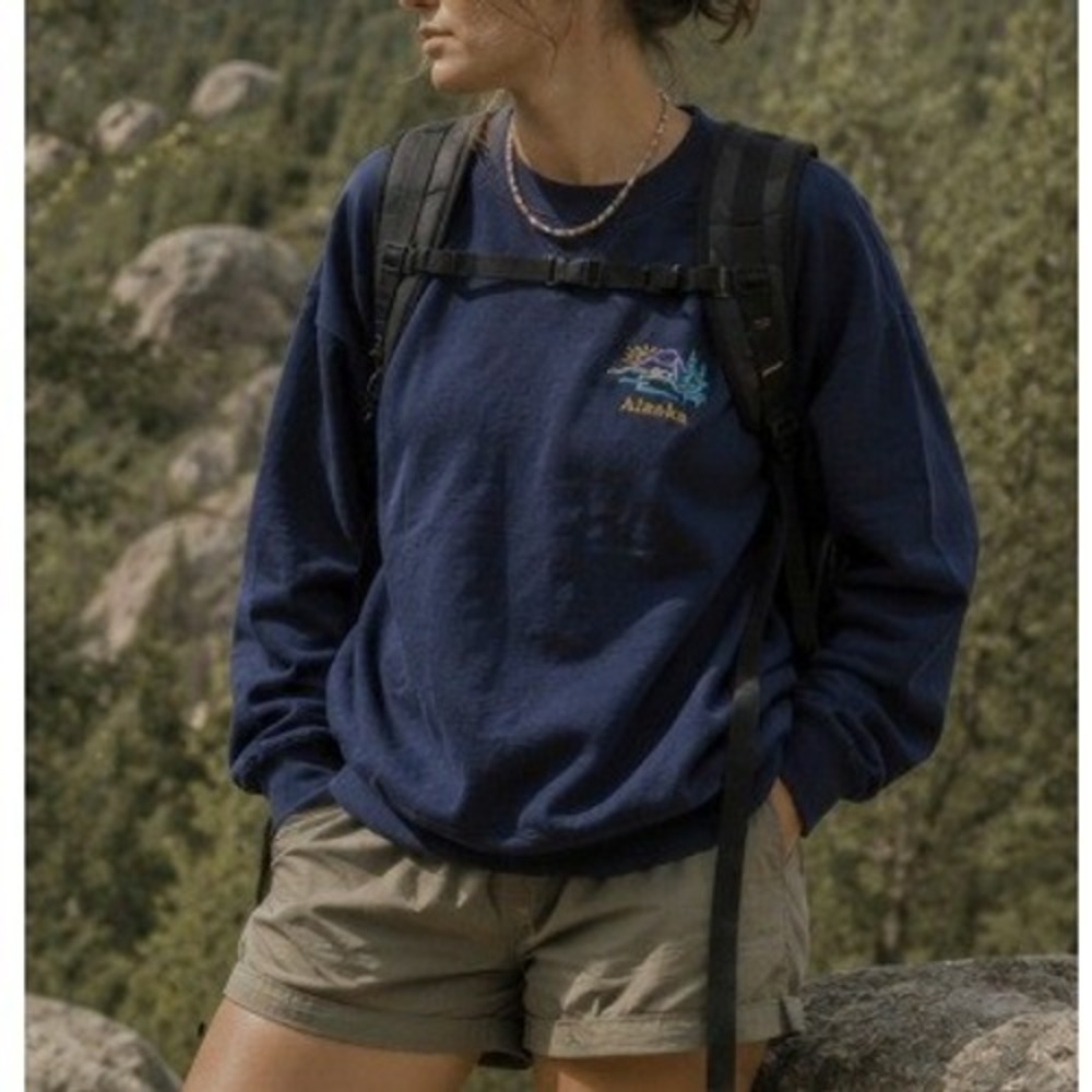 Vintage 1990s Sweatshirt Alaska Embroidered Graphic Large Blue USA Granola Cabin